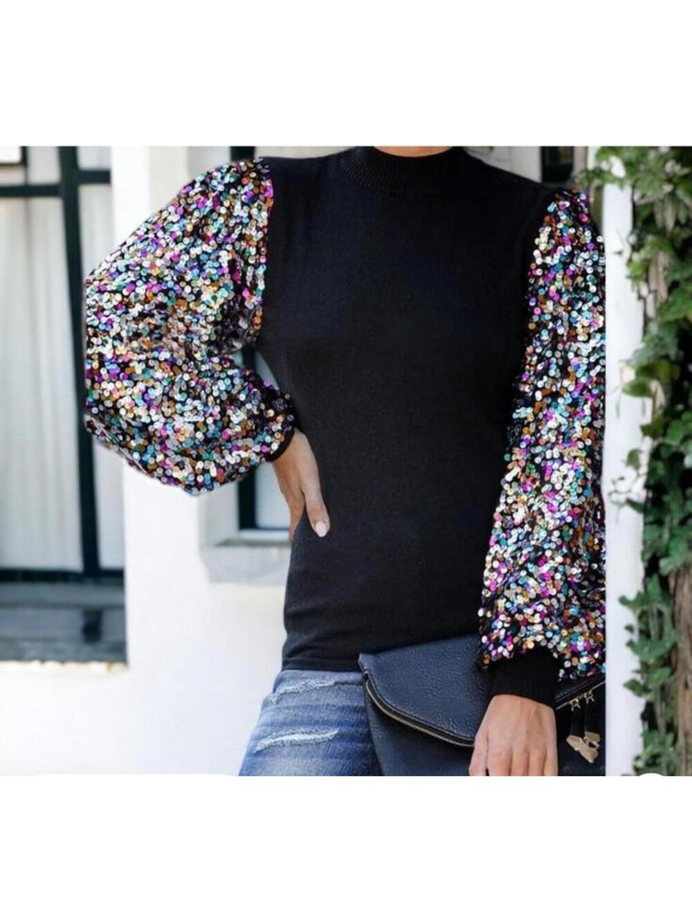 Anna-Kaci Women's Sequin Puffed Long Sleeve Mock Neck Pullover Size XL